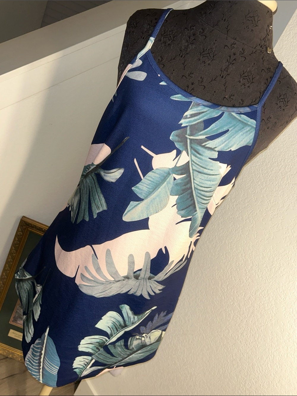 Navy Tropical Slip Dress with Leaf Print